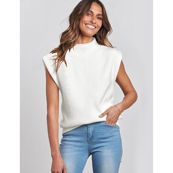 Caracilia White Knit Sleeveless Sweater, Layering Vest, Ribbed Mock Neck Top XL - Picture 1 of 8